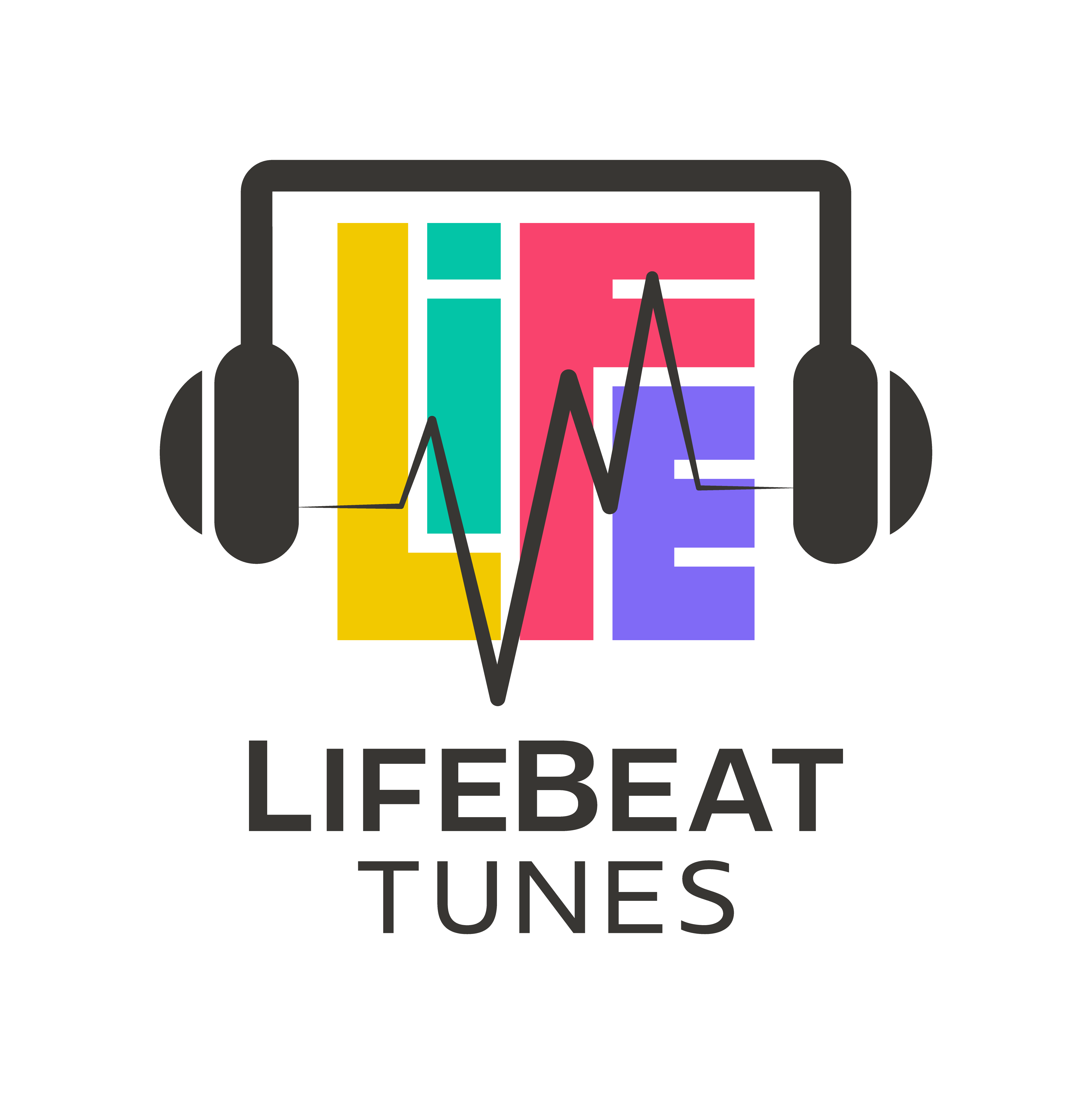 LifeBeat Tunes logo featuring vibrant rainbow colors, headphones, and a heartbeat line.